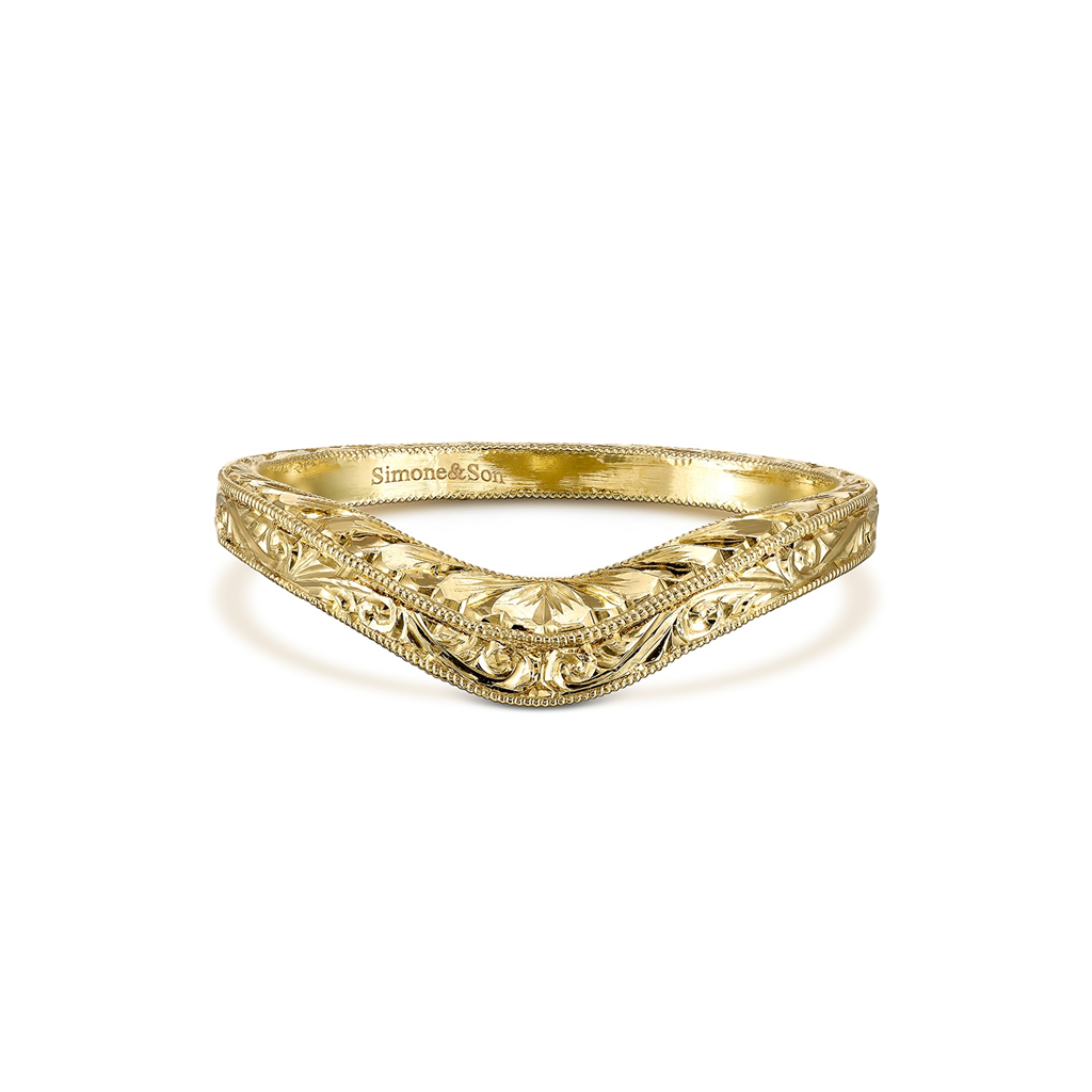 18K Yellow Gold Hand Engraved Curved Band