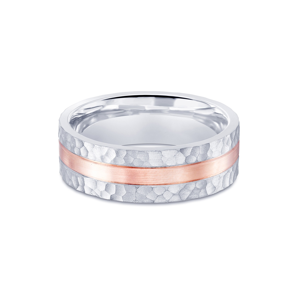 14K Grey & Rose Gold Men’s 3-Row Hammered Wedding Band – 7mm