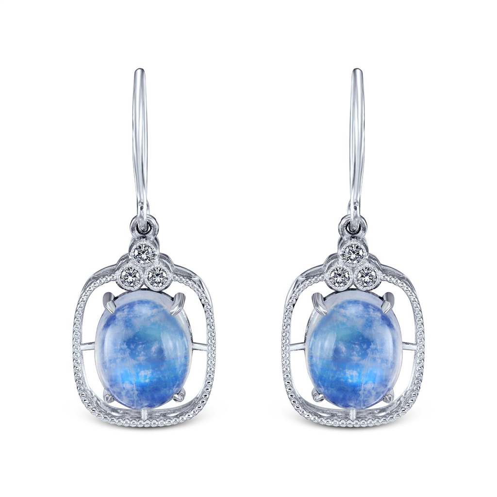 14K White Gold Oval Cabochon Moonstone and Diamond Earrings – 8.78ctw