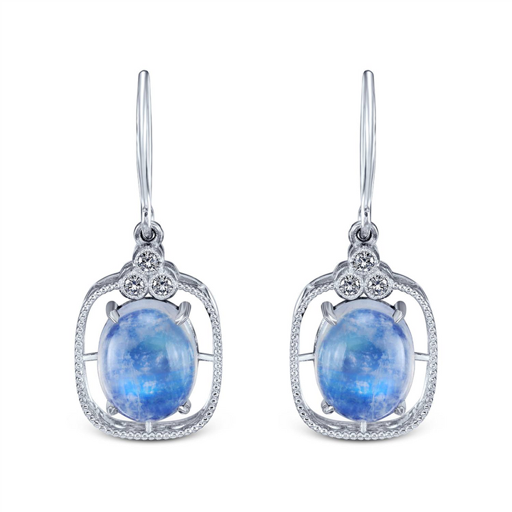 14K White Gold Oval Cabochon Moonstone and Diamond Earrings – 8.78ctw