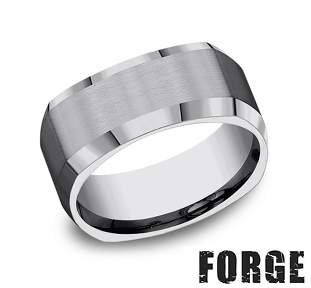 Benchmark FORGE Grey Tungsten Men’s Beveled Edge Ring with Satin Center – 9mm