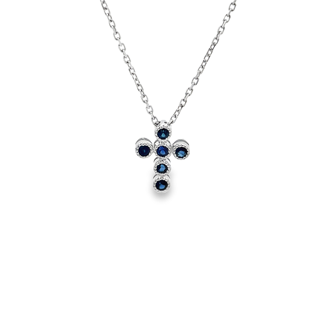14K White Gold Sapphire Bezel Cross Necklace – 0.28ctw., 2.33g, 16–18"
