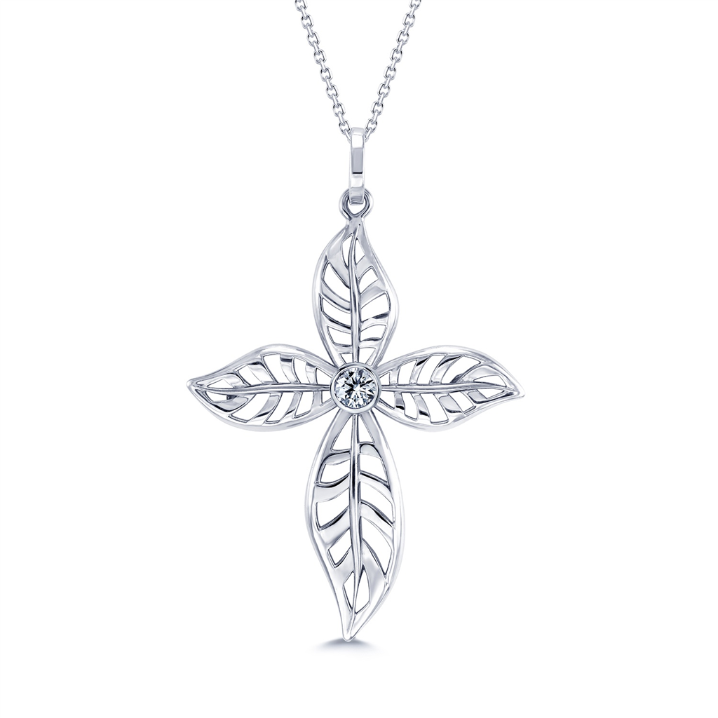 18K White Gold Leaf Cross Pendant – 0.31ctw.