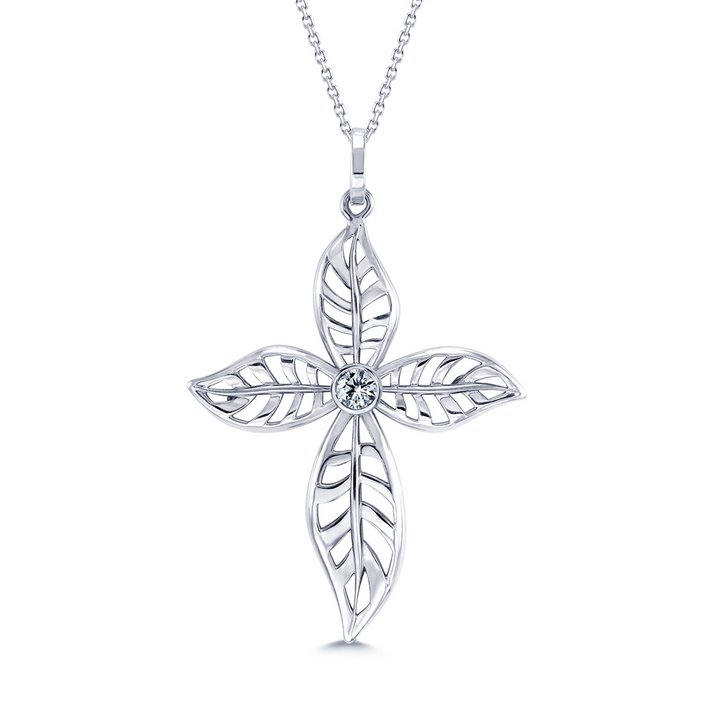 18K White Gold Leaf Cross Pendant – 0.31ctw.