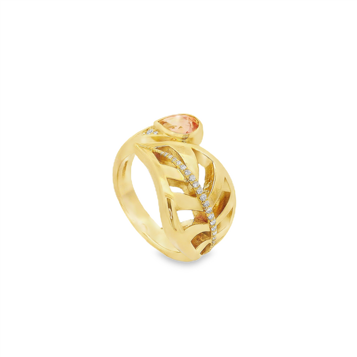 18K Yellow Gold Spessartite Garnet & Diamond Leaf Ring