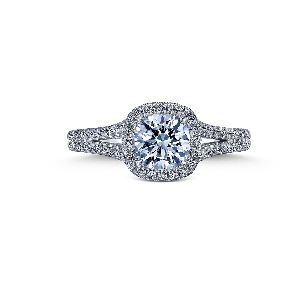 18K White Gold Double Shank Diamond Halo Semi-Mount Engagement Ring 0.43ctw.