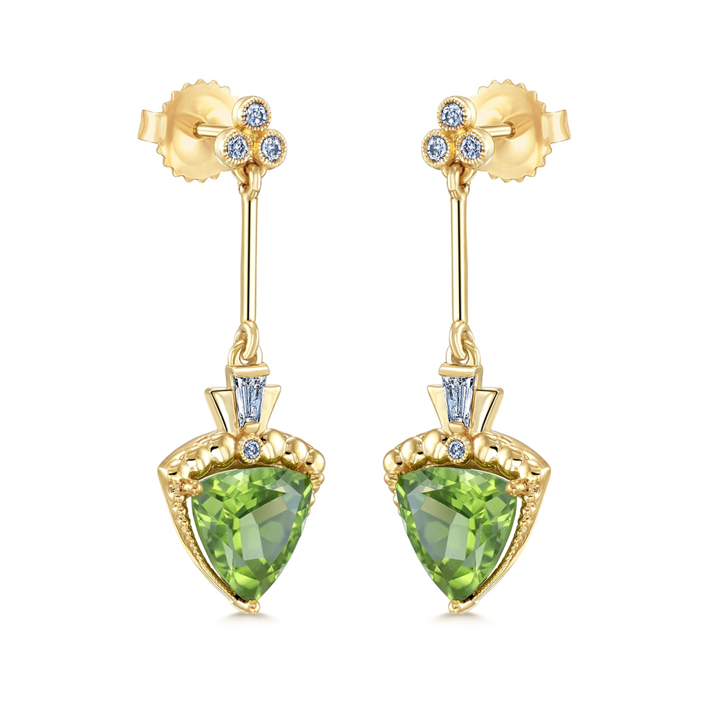 14K Yellow Gold Trillion Peridot and Diamond Earrings – 5.15ctw