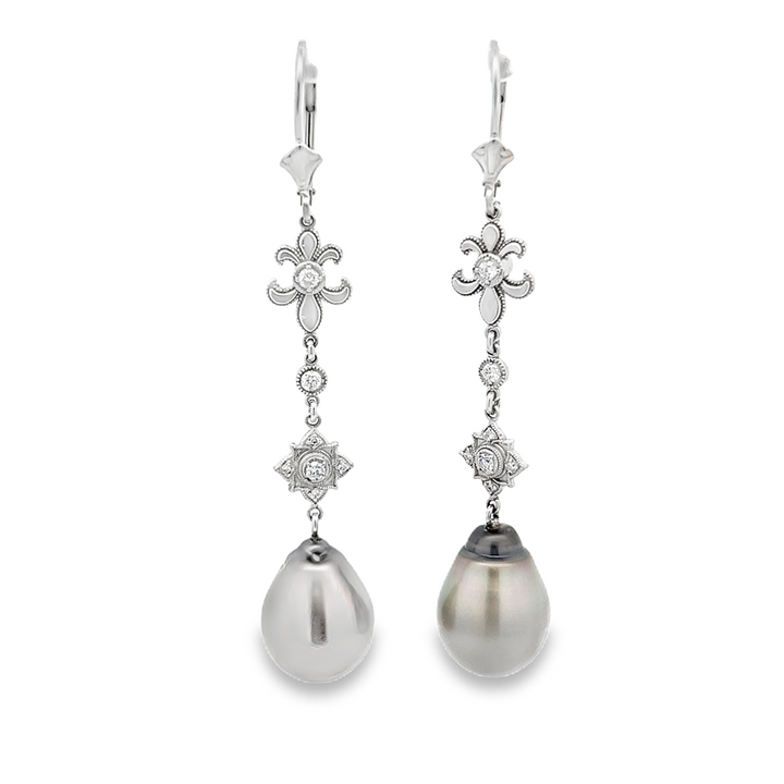 11.3mm Tahitian Pearl Dangle Earrings with 0.23ctw Round Brilliant Diamonds