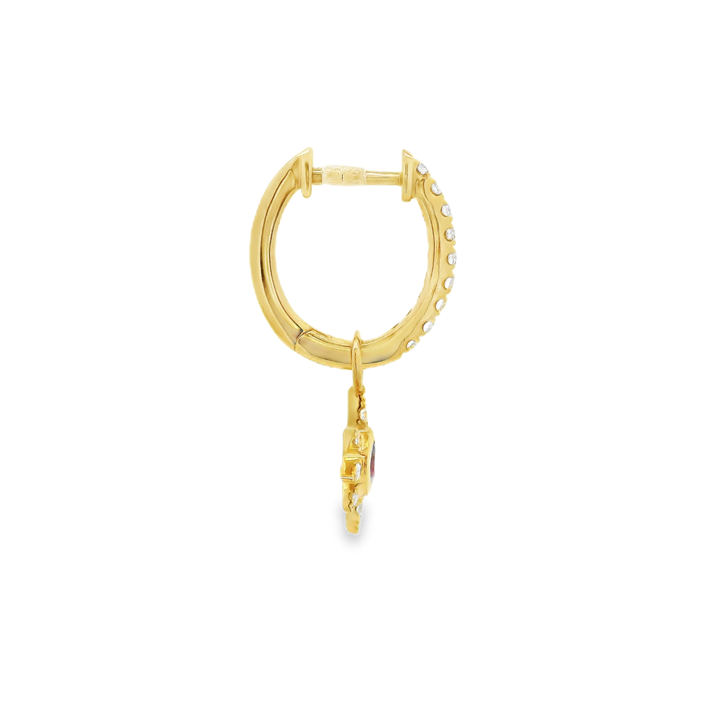 14K Yellow Gold Rhodolite Garnet Sunburst Charm Huggie Earrings – 0.33ctw. Diamonds