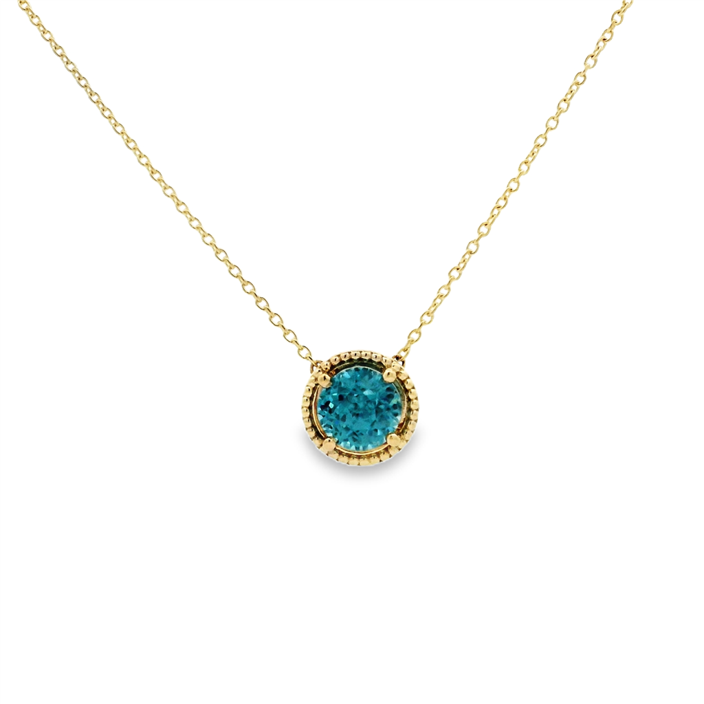 14K Yellow Gold Blue Zircon Millegrain Halo Pendant – 3.14ct.