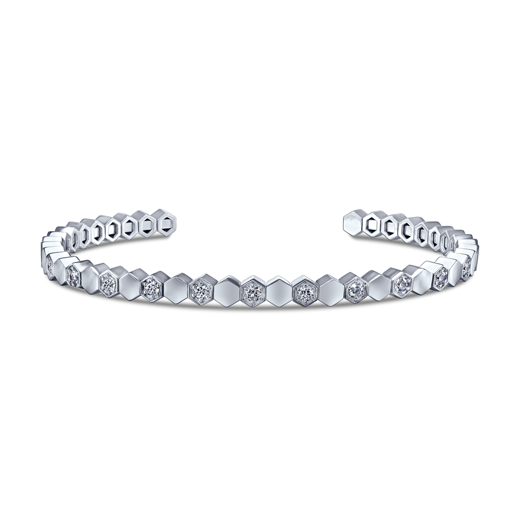 14K White Gold Hexagonal Motif Diamond Cuff Bracelet - 0.38ctw.