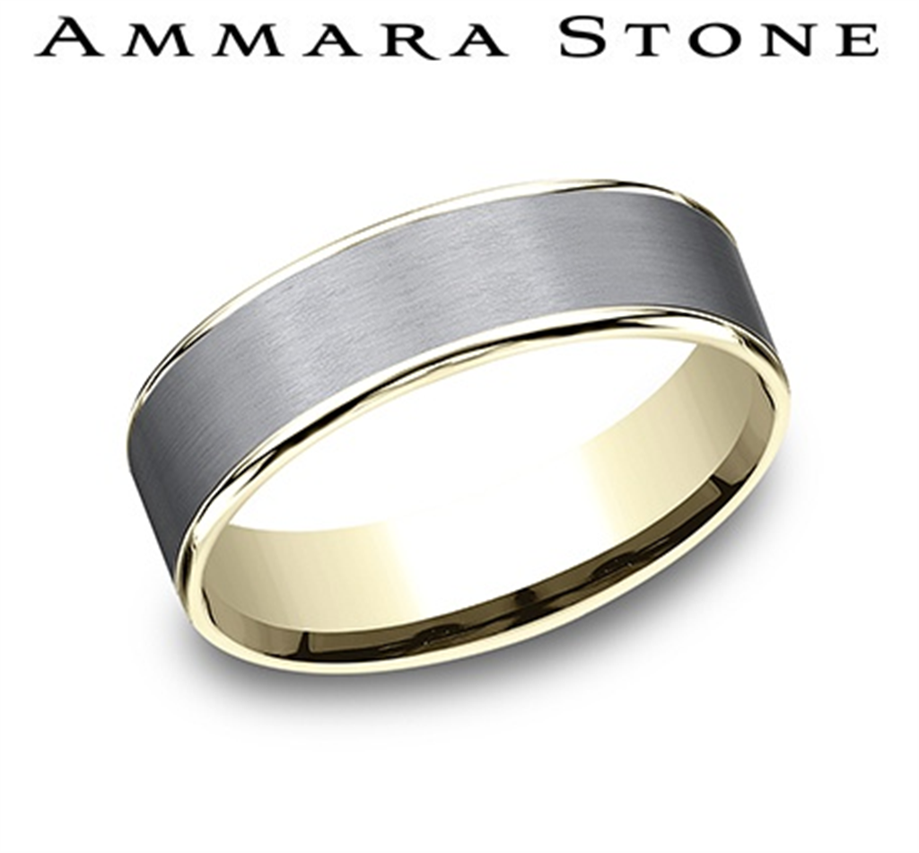 Benchmark Ammara Stone Collection 14K Yellow Gold Thin Edge Band with Satin Black Center – 6.5mm