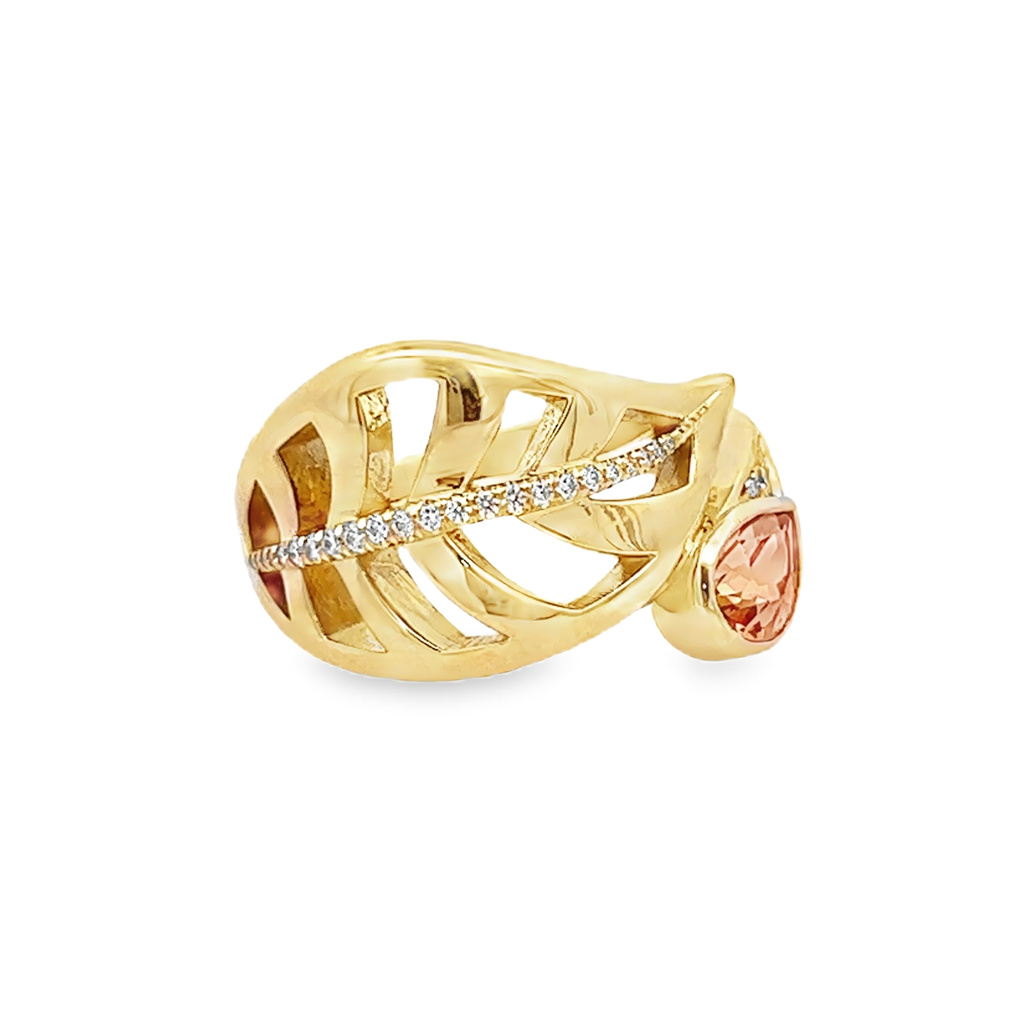 18K Yellow Gold Spessartite Garnet & Diamond Leaf Ring