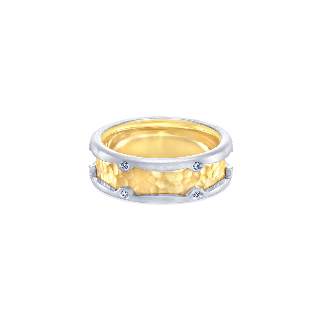 14K Yellow & White Gold Hammered Men's Band