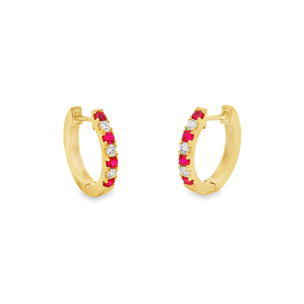 14K Yellow Gold Natural Ruby and Diamond Hoop Earrings – 0.51ctw.