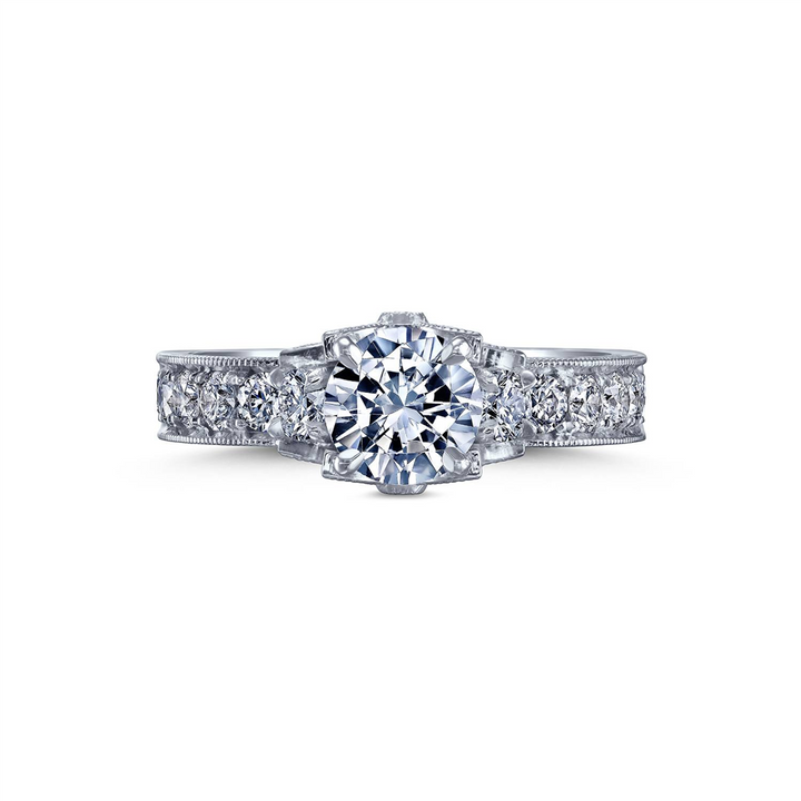 18K White Gold Hand-Engraved Diamond Semi-Mount Engagement Ring – 1.20ctw.