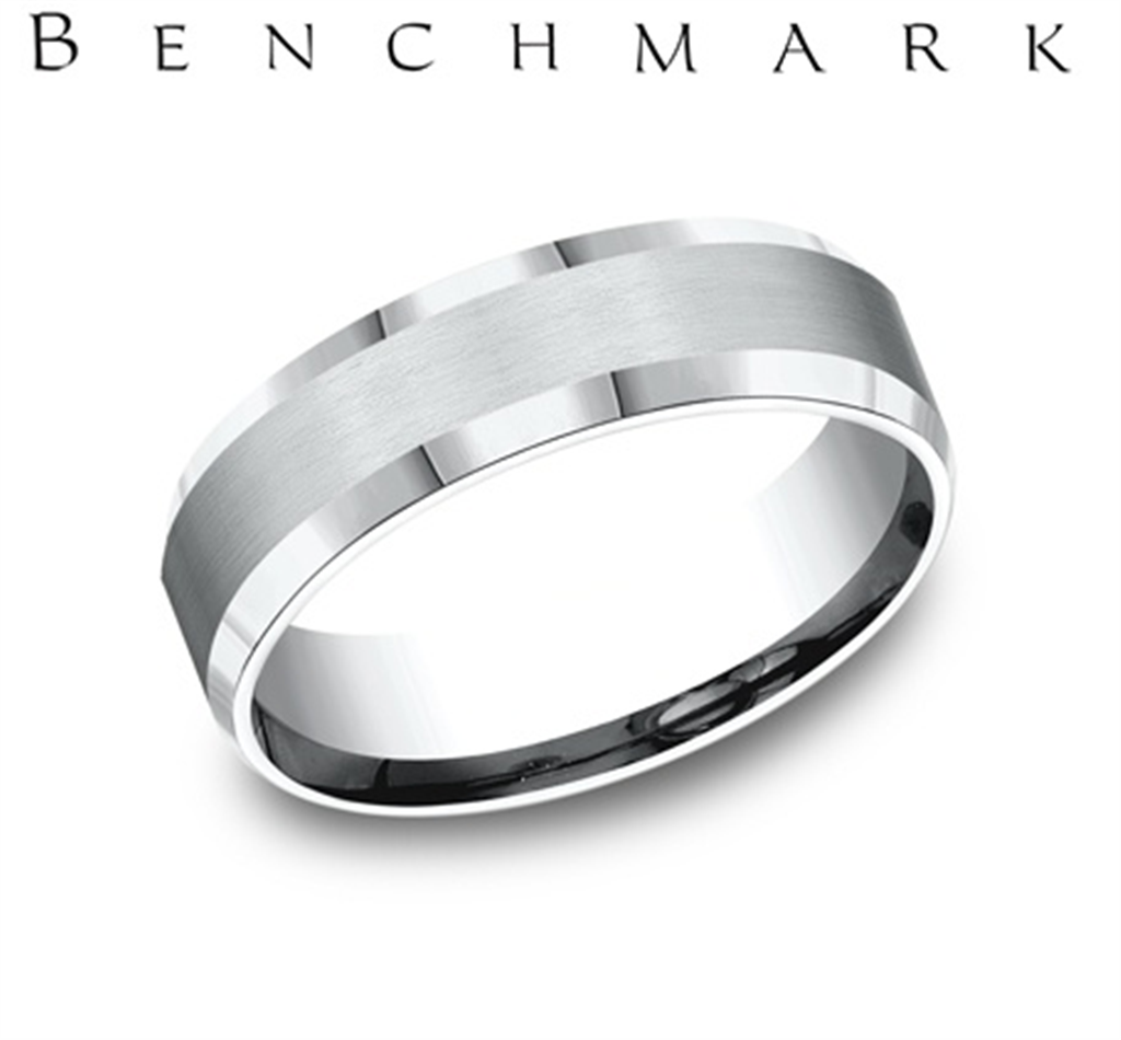 Benchmark 14K White Gold Men’s High Polish Beveled Edge Comfort Fit Wedding Band – 6mm