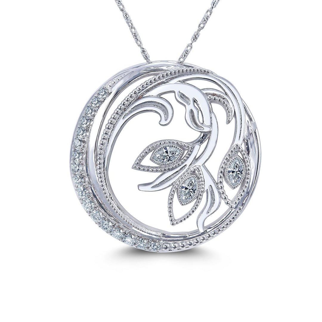 14k White Gold - Large Flower Filigree Pendant With Diamonds