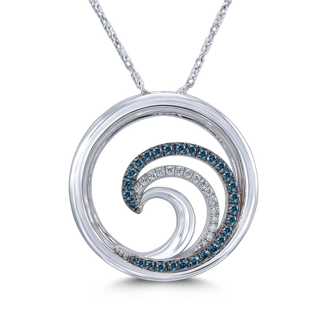 14k White Gold - Wave Pendant With Blue Diamonds
