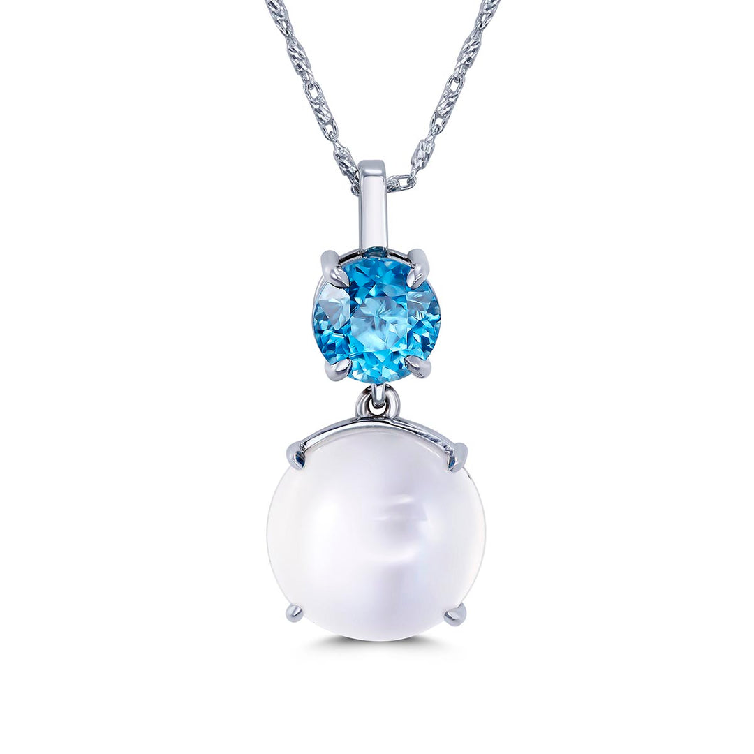 14k White Gold Pendant - Featuring 6.25ctw Blue Zircon & 8.5ctw Moon Stone