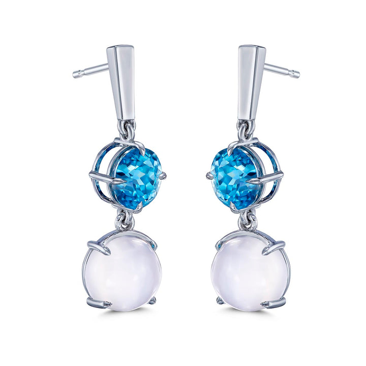 14k White Gold Earrings - Featuring 10.48ctw Blue Zircon & 12.84ctw Moon Stone