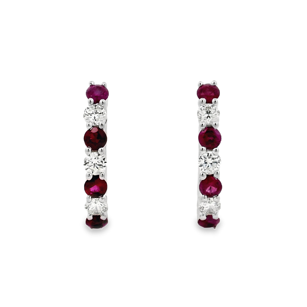 14K White Gold Oval Ruby and Diamond Hoop Earrings – 1.04ctw.