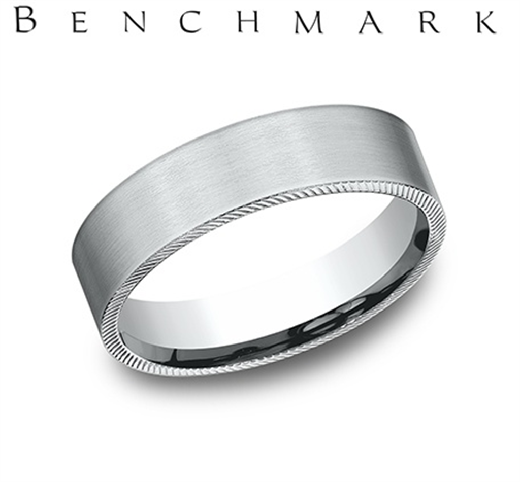 Benchmark 14K White Gold Men’s Coin Edge Satin Finish Comfort Fit Wedding Band – 6.5mm