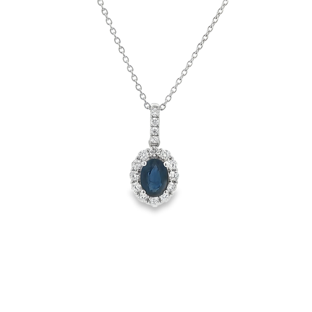 14K White Gold Blue Sapphire & Diamond Pendant – 7x5mm Sapphire, 0.40ctw Diamonds