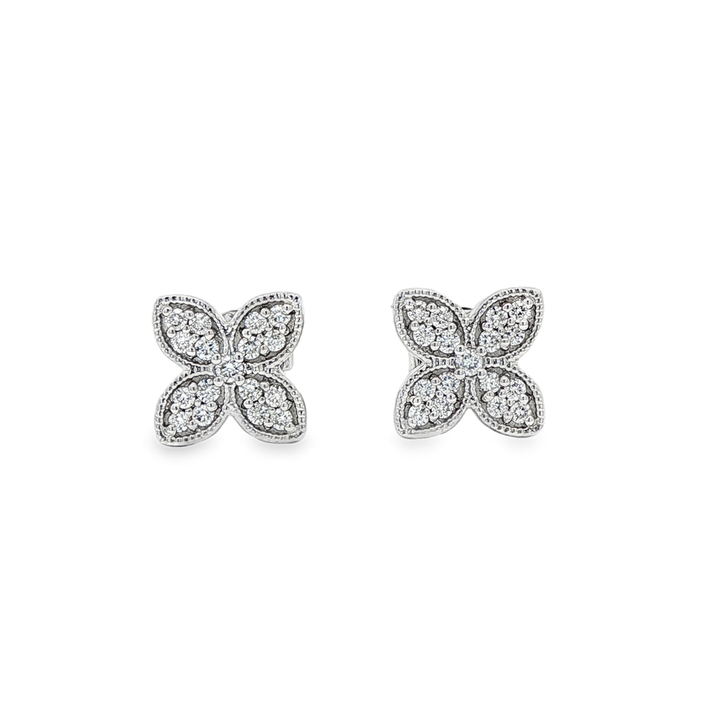 18K White Gold 4-Petal Flower Natural Diamond Stud Earrings – 0.30ctw.