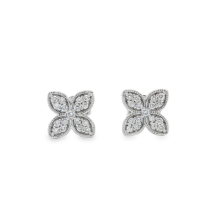 18K White Gold 4-Petal Flower Natural Diamond Stud Earrings – 0.30ctw.
