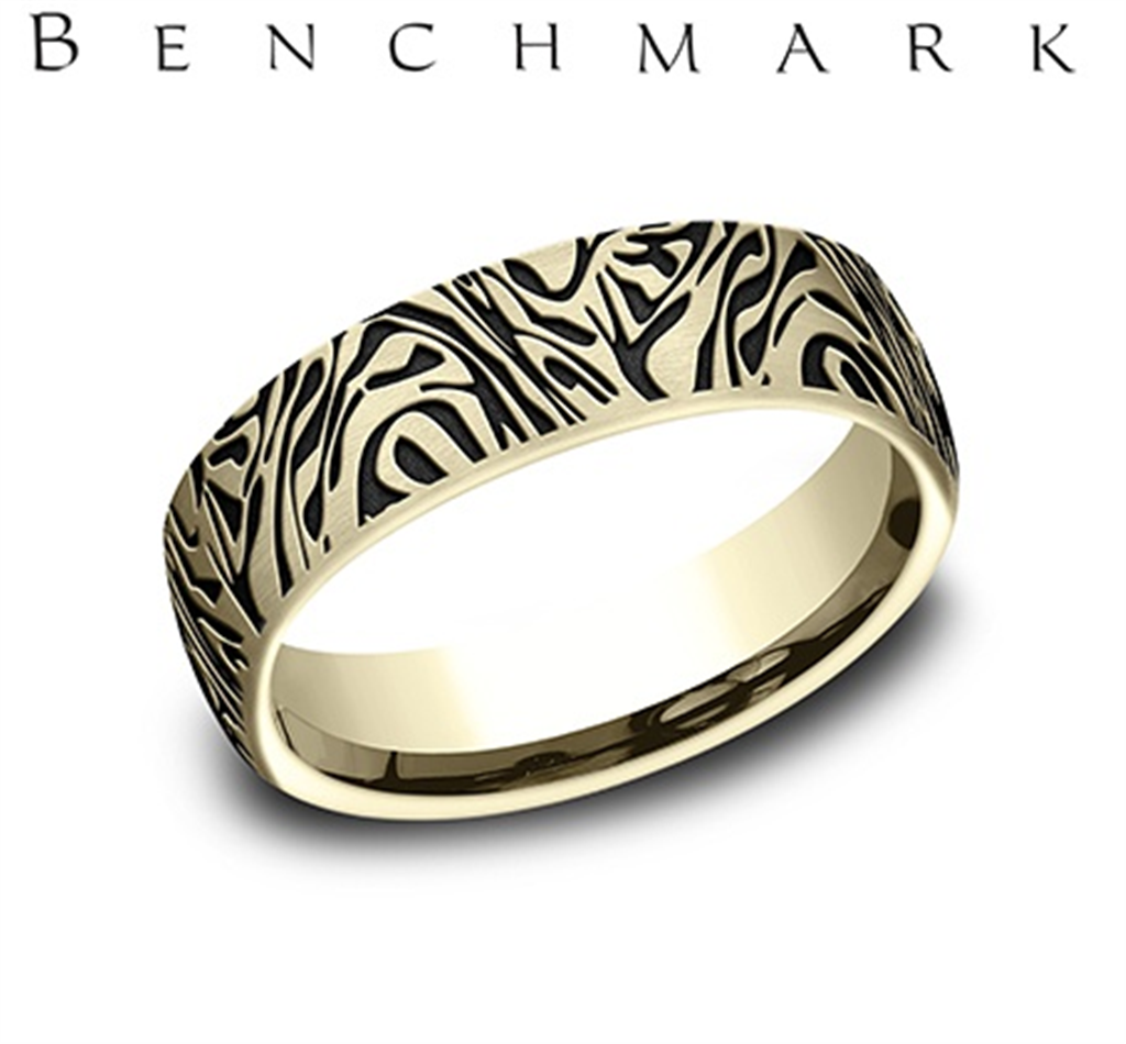Benchmark 14K Yellow Gold Men’s Faux Mokume Comfort Fit Wedding Band – 6.5mm