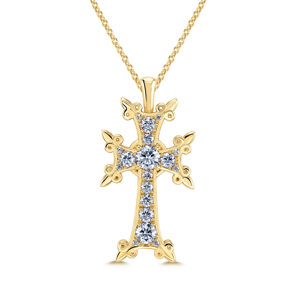 18K Yellow Gold Armenian Diamond Cross Pendant - 0.81ctw.