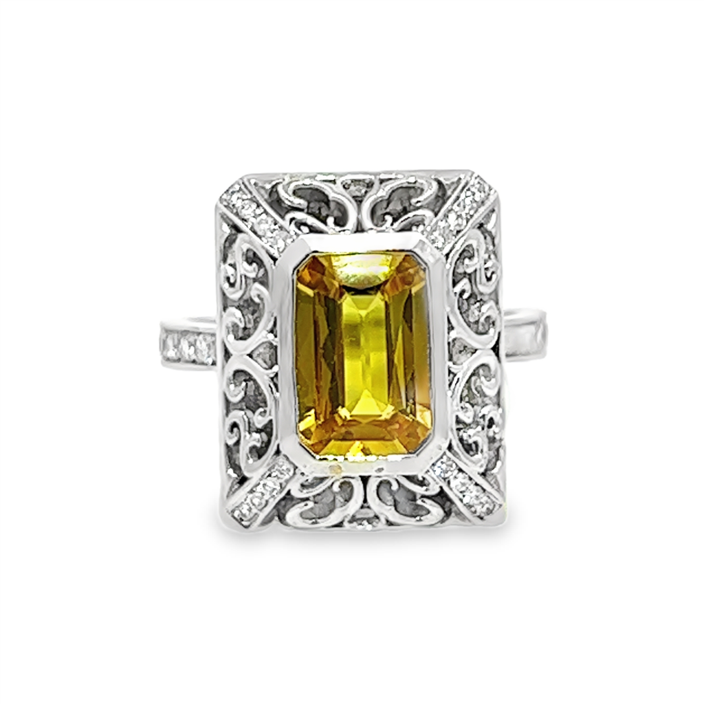 18K White Gold Yellow Sapphire & Diamond Ring – 2.28ct Sapphire, 0.33ctw Diamonds