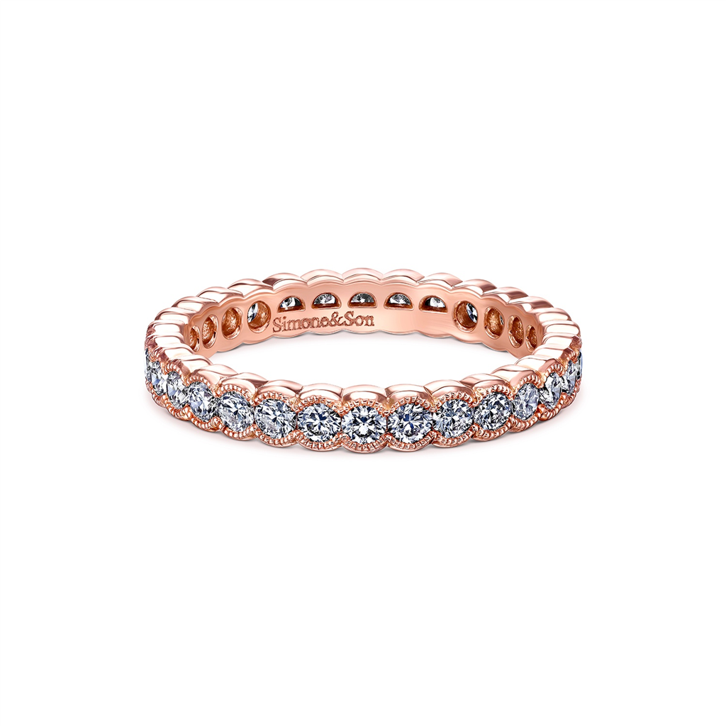 14K Rose Gold Diamond Semi-Bezel  Millegrain Wedding Band - 0.90ctw.