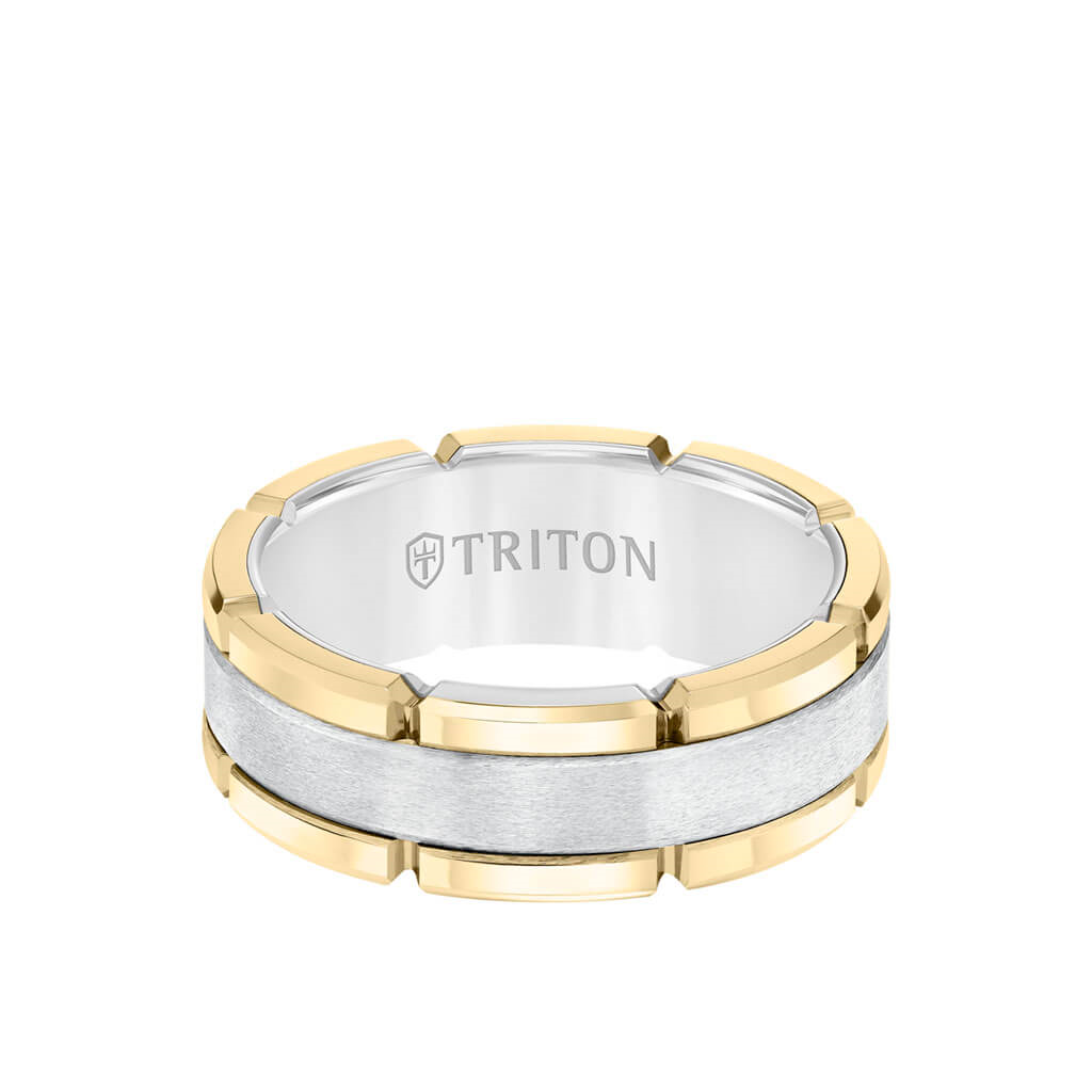 Triton White Tungsten Carbide Flat Comfort Fit Band with Brushed Center and Yellow Rims – 8mm