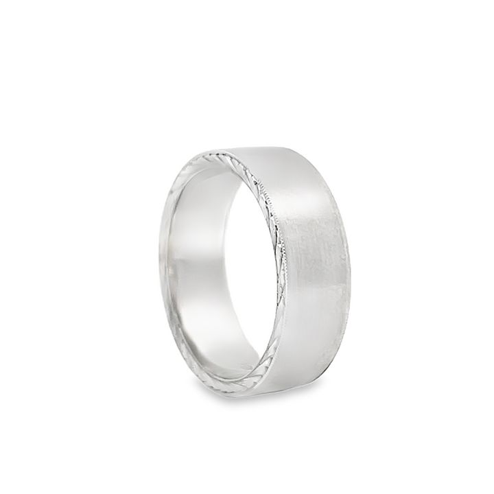 14K White Gold Men’s Band with Hand Engraved Edges – 7mm