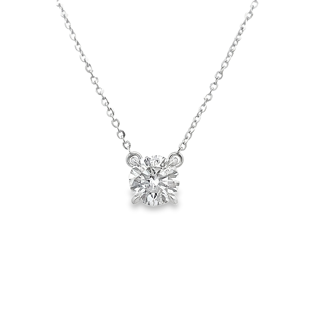 14K White Gold Natural Diamond Solitaire Necklace – 1.03 ct Round Brilliant Cut | I1-J Color