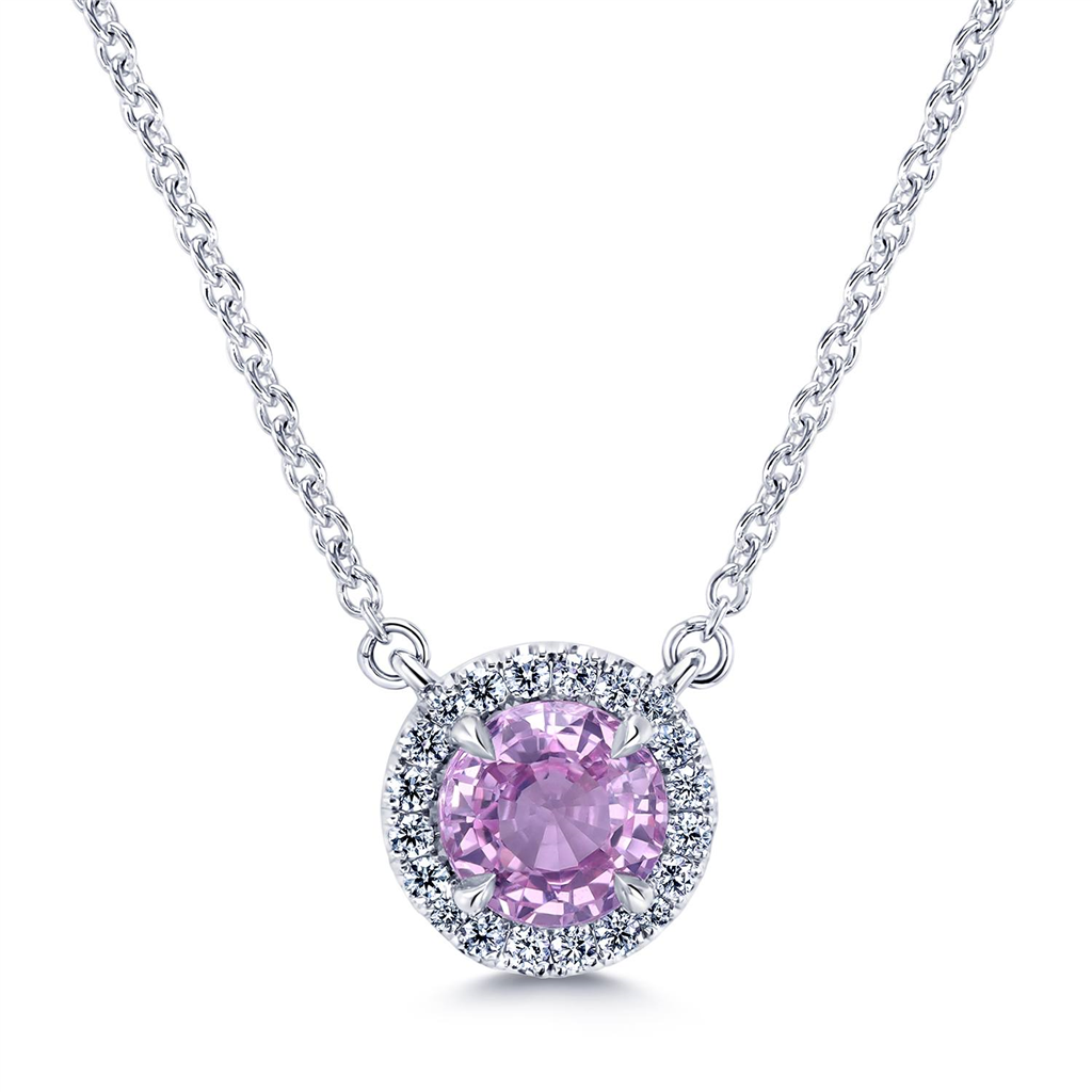 14K White Gold 0.89ct Pink Sapphire Halo Pendant