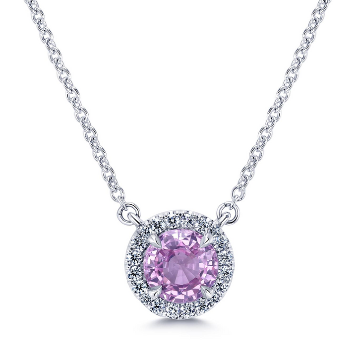 14K White Gold 0.89ct Pink Sapphire Halo Pendant