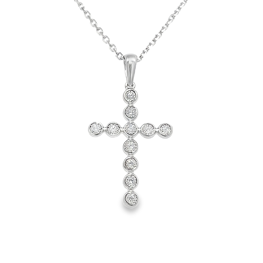 14K White Gold Cross Necklace with Bezel-Set Natural Diamonds – 0.11ctw.