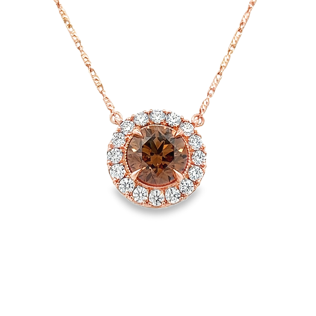 14K Rose Gold Fancy Dark Orangy Brown Diamond Halo Pendant – 1.45ct.