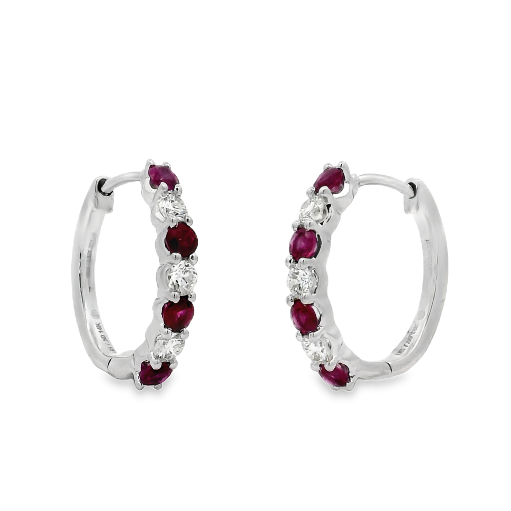 14K White Gold Oval Ruby and Diamond Hoop Earrings – 1.04ctw.