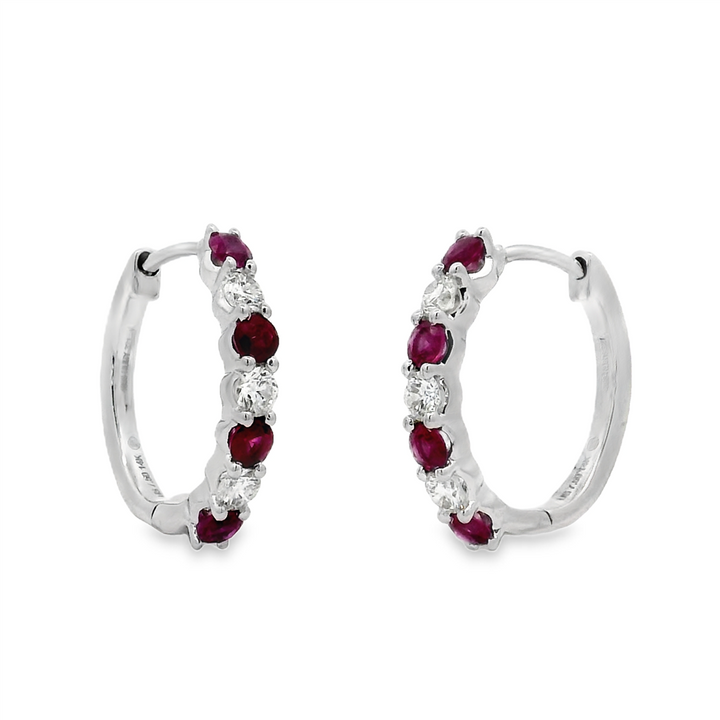 14K White Gold Oval Ruby and Diamond Hoop Earrings – 1.04ctw.