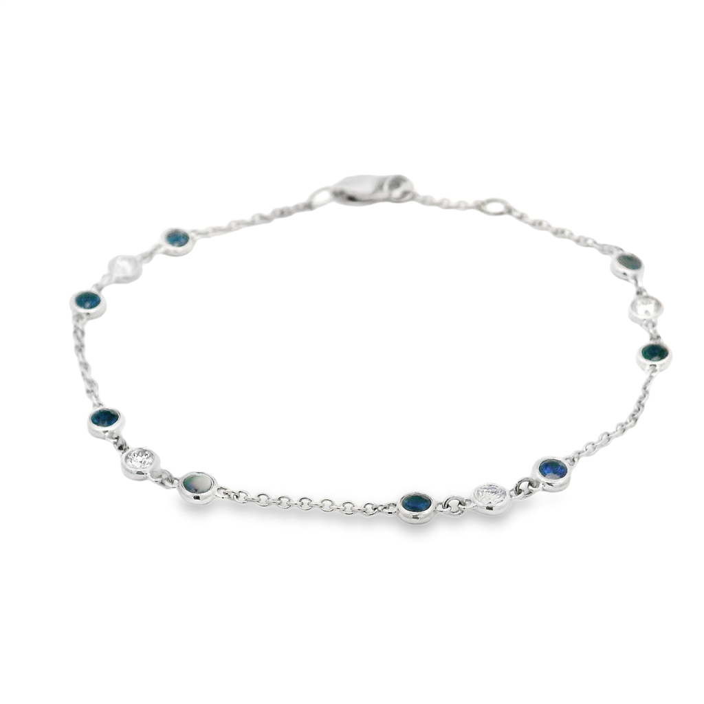14K White Gold Bezel-Set Blue Sapphire & Natural Diamond Bracelet – 7"
