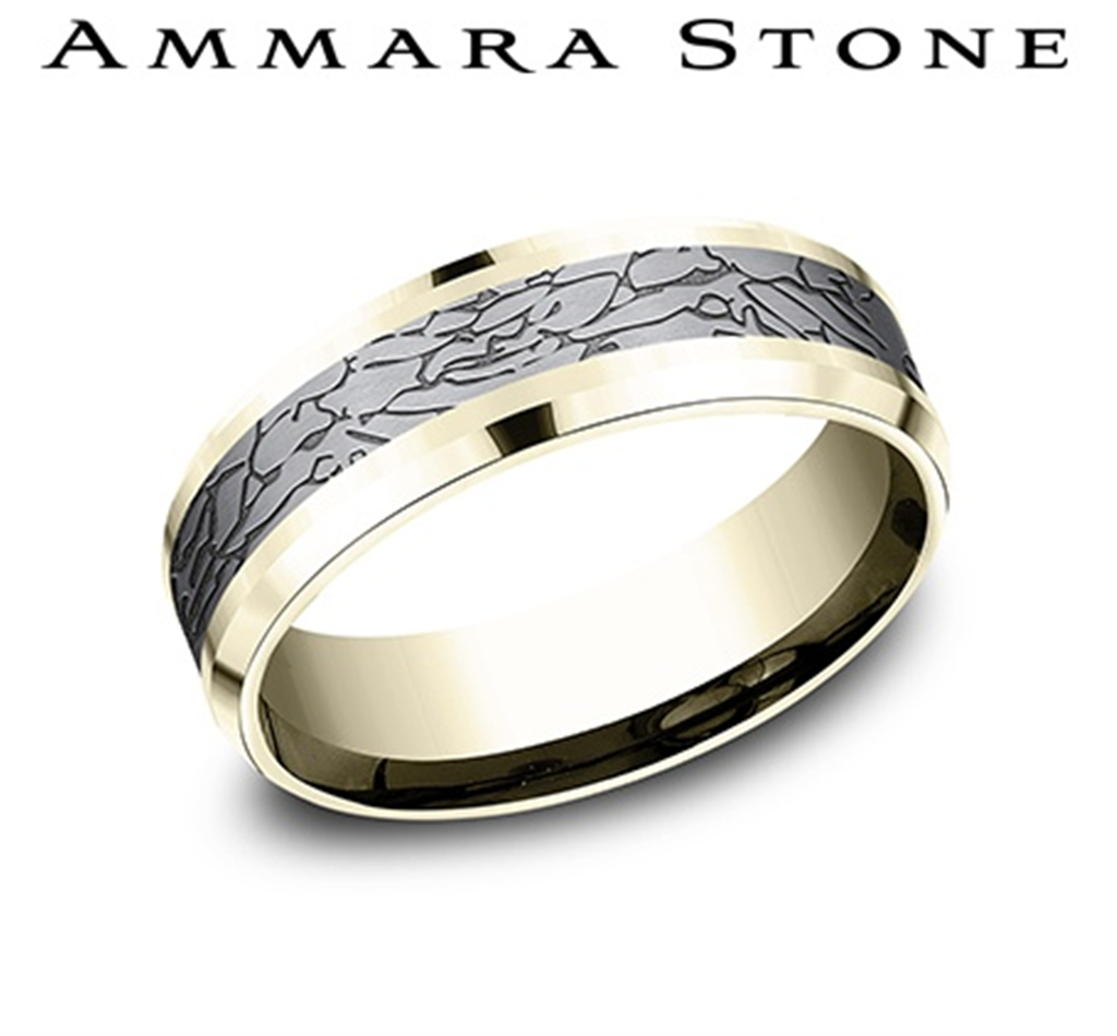 Benchmark Ammara Stone Collection 14K Yellow Gold & Tantalum Men’s Beveled Edge Band with Gray Fractured Rock Center – 7mm