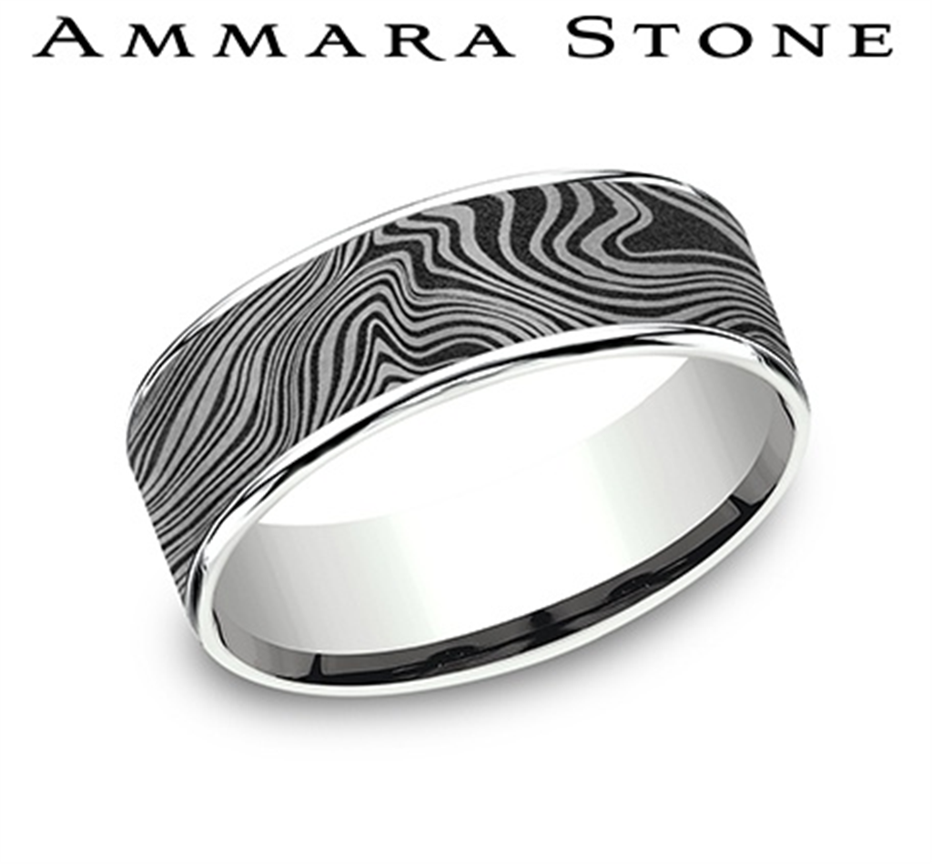 Benchmark Ammara Stone Collection 14K White Gold & Tantalum Men’s Straight Edge Band with Gray Tamascus Marble Center – 7.5mm