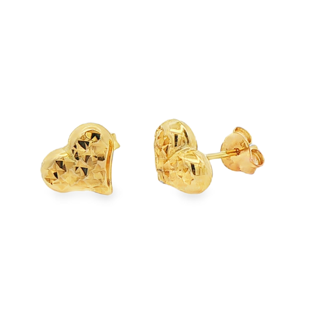 14K Yellow Gold Diamond-Cut Heart Stud Earrings – 1.7g