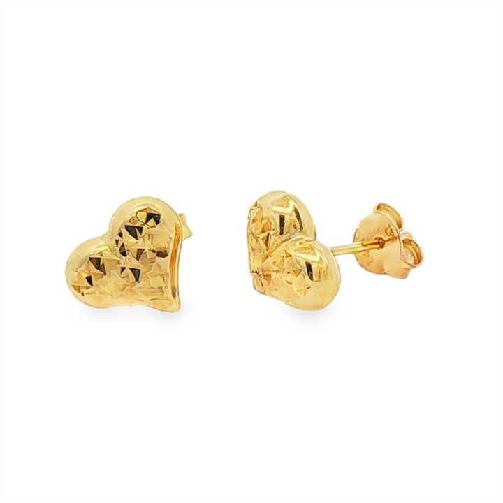 14K Yellow Gold Diamond-Cut Heart Stud Earrings – 1.7g