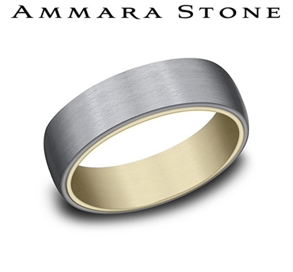 Benchmark Ammara Stone Collection 14K Yellow Gold & Tantalum Men’s Black Band with Satin Center Exterior – 6.5mm