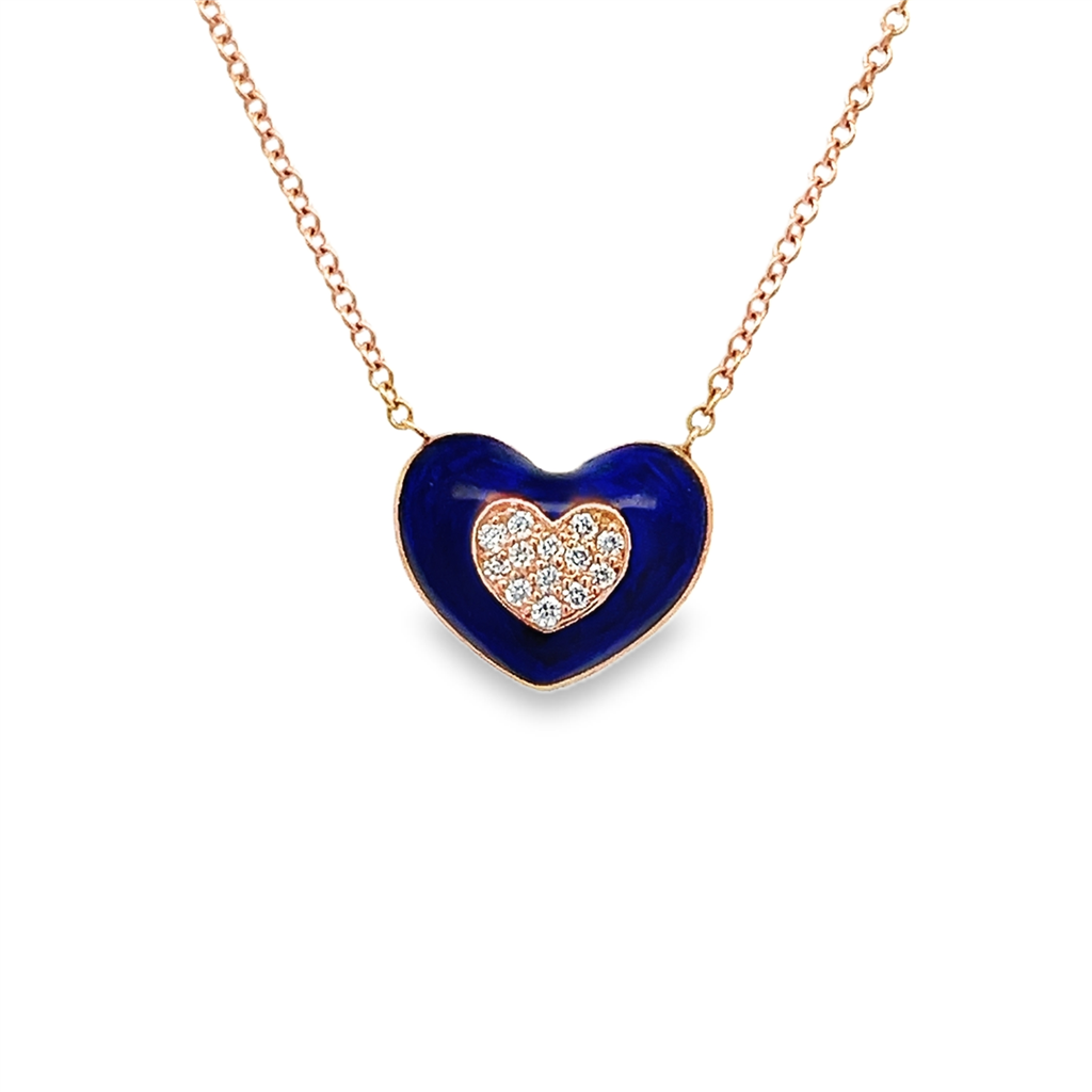 18K Rose Gold Blue Enamel Heart Pendant – 0.09ctw.